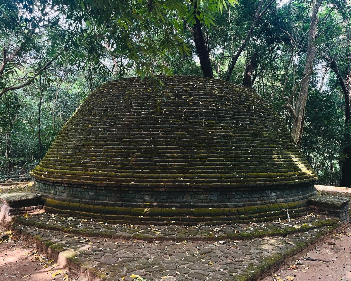 Ancient brick stupa covered in moss inside Jathika Namal Uyana ironwood forest reserve on the way to Pink Quartz Mountain Dambulla Sri Lanka