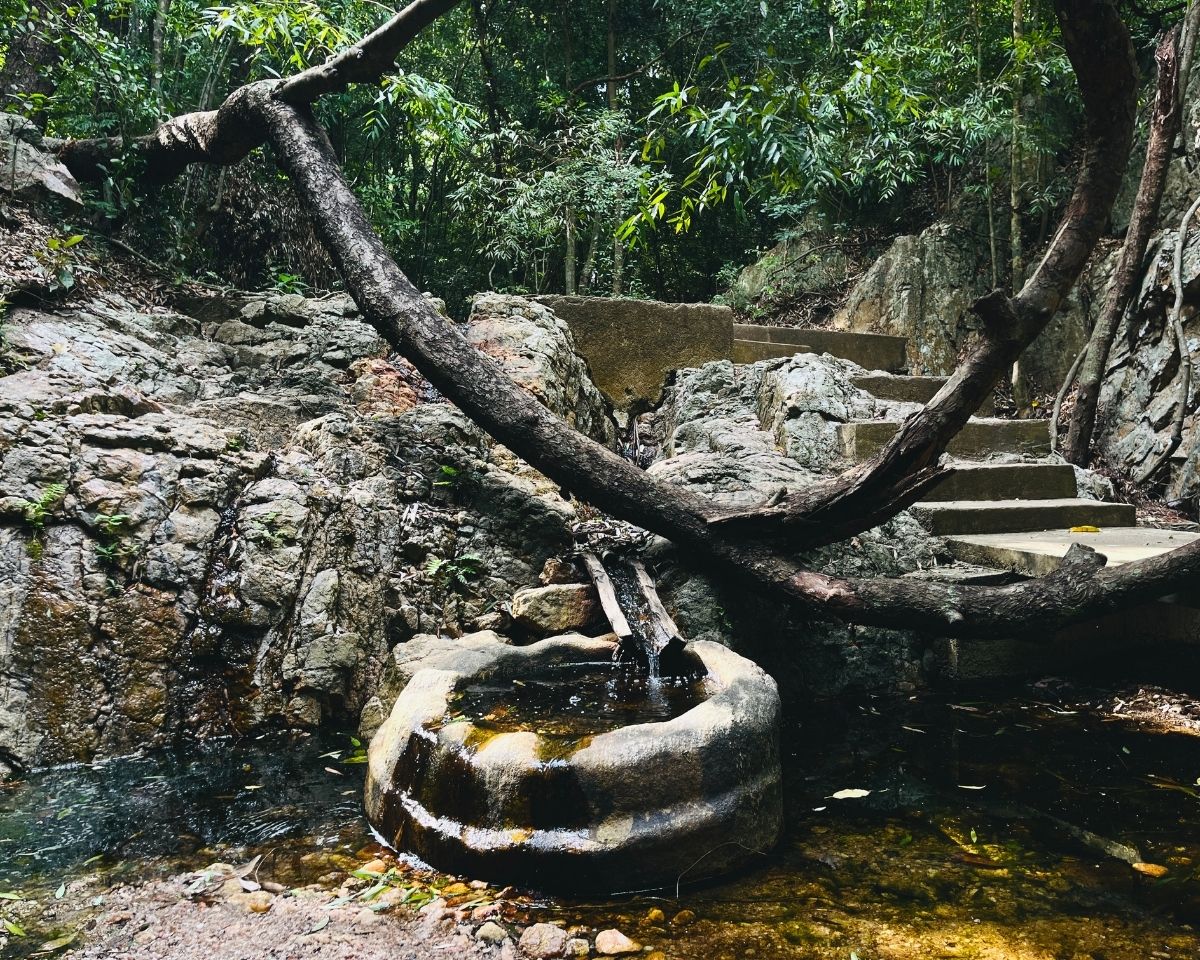 Stone water basin at the entrance to Pink Quartz Mountain trail in Jathika Namal Uyana ironwood forest, Dambulla Sri Lanka